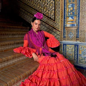 Traje de Flamenca Canastero Naranja Adorno Garrucha Lunar Buganvilla